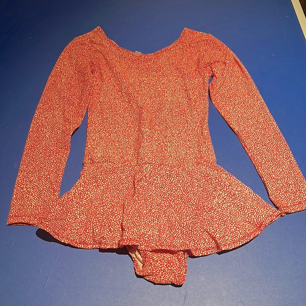 Girls' Red Long-Sleeve Peplum Costume Leotard